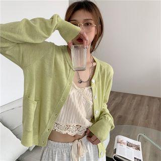 Pocket Detail Cardigan / Lace Trim Cropped Camisole Top