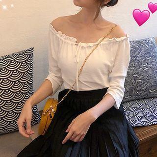 Off-shoulder Drawstring Lace Trim Blouse