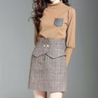Set: Plaid Pocketed Turtleneck Long Sleeve Knit Top + Plaid A-line Skirt