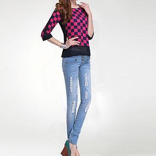 Elbow-sleeve Contrast-trim Check Top