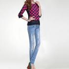 Elbow-sleeve Contrast-trim Check Top