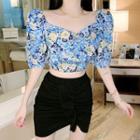 Puff-sleeve Floral Cropped Blouse / High-waist Asymmetric Skirt