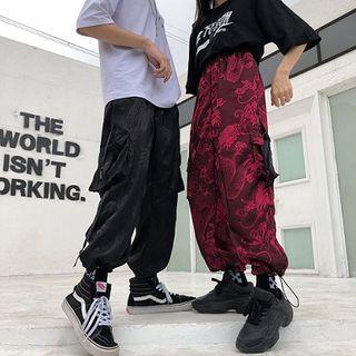 Dragon Print Wide-leg Cargo Pants