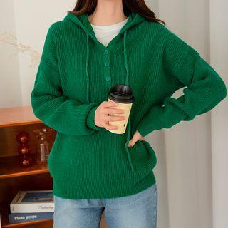Button-detail Rib-knit Hoodie