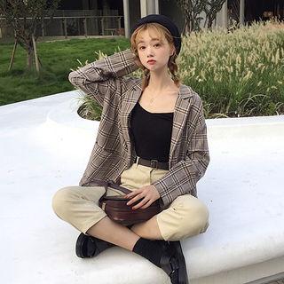 Single-breasted Plaid Blazer Brown - One Size