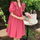 Puff-sleeve Frill Trim Smock Dress