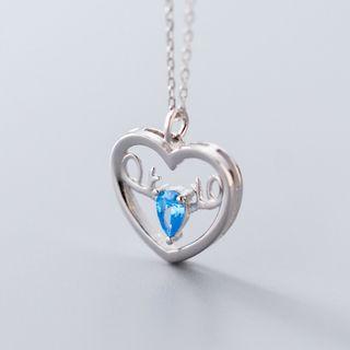 925 Sterling Silver Rhinestone Deer & Heart Pendant Necklace Silver - One Size