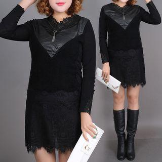 Faux Leather Panel Long Sleeve Lace Hem Dress