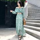 Set: Off-shoulder Print Cropped Blouse + Maxi A-line Skirt