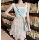 Plain Open Knit Top / High-waist Ruffled Glitter Skirt