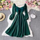 Mesh Panel Knot Puff Long-sleeve A-line Midi Dress