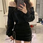 Off-shoulder Long-sleeve Mini Sheath Dress Black - One Size