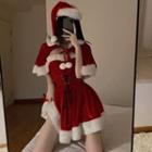 Set: Strapless Lace-up A-line Dress + Christmas Hat + Fluffy Trim Cape