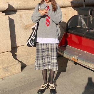Collared Sweater / Plaid Midi Pencil Skirt / Plaid Tie
