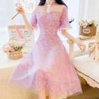 Short-sleeve Paneled Midi A-line Lace Dress