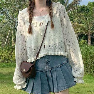 Tie-front Frill Trim Pointelle Knit Cardigan Milky White - One Size