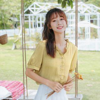 Dotted Ruffle Trim V-neck Short-sleeve Blouse