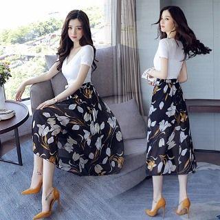 Set: Short-sleeve Tie Front Top + Floral Chiffon Skirt