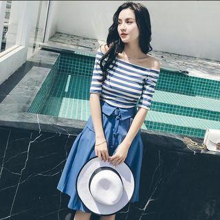 Set: Striped Off-shoulder Top + A-line Skirt