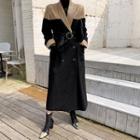 Shawl-collar Pleather-panel Coat Black - One Size