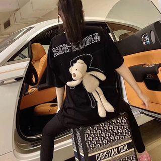 Lettering Bear Applique Elbow-sleeve T-shirt