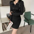 Thumb-hole Ribbed Mini Anorak Dress Black - One Size
