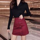 Long-sleeve V-neck Knit Top / Mini A-line Skirt