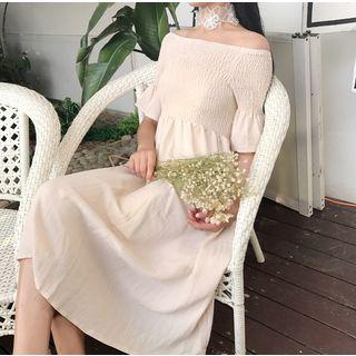 Ruffled Off-shoulder Elbow-sleeve A-line Dress