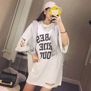 Lettering Ripped 3/4 Sleeve T-shirt Dress