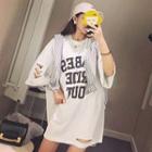 Lettering Ripped 3/4 Sleeve T-shirt Dress