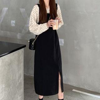 Puff-sleeve Dotted Blouse / Midi Overall Dress