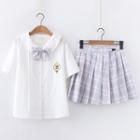 Bear Embroidered Short-sleeve Blouse / Plaid Mini A-line Pleated Skirt / Set