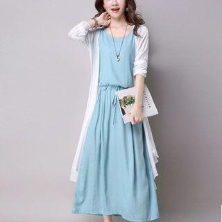 Set: Open Front Long Jacket + Drawstring Sleeveless Midi Dress