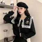 Lace Trim Flower Embroidered Blouse Black - One Size