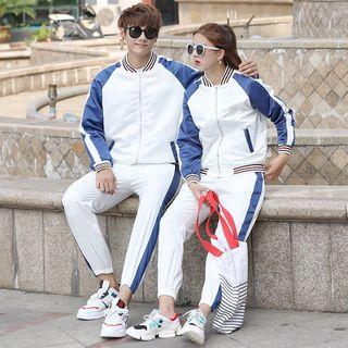 Set: Couple Matching Contrast Trim Zip Jacket + Sweatpants