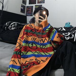Rainbow Striped Cartoon Crewneck Sweater