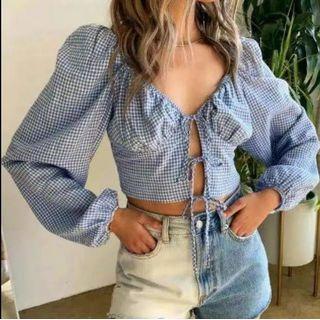 Balloon-sleeve Tie-front Plaid Blouse