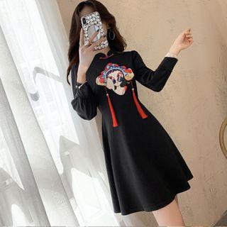 Long-sleeve Printed Mini Qipao