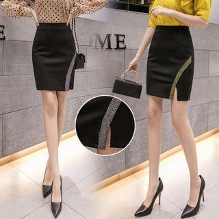 Contrast Trim Slit-front Mini Straight-fit Skirt