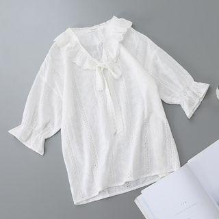 Elbow-sleeve Bow Lace Blouse