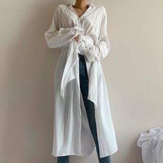 Tie-waist Slit Long Shirt White - One Size