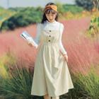 Long-sleeve Embroidered Mock-neck Top / Midi A-line Overall Dress / Set