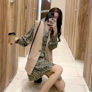 Long-sleeve Floral Print Mini A-line Dress / Button Vest