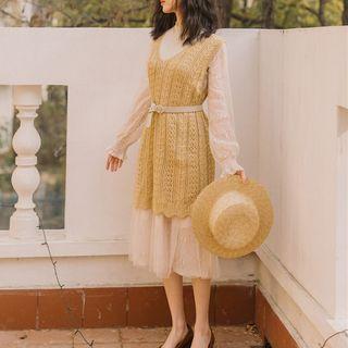 Set: Long-sleeve Midi A-line Dress + Cable Knit Vest