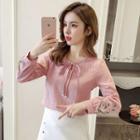 Long-sleeve Floral Embroidered Tie Neck Plain Top