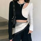 Long-sleeve Mock Two-piece Cutout Crop Top Black & White - One Size