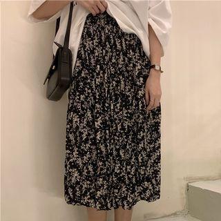 Floral Print Midi Chiffon Skirt Black - One Size