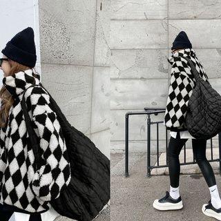 High-neck Check Fleece Jacket Black - One Size