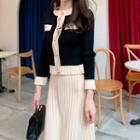 Set: Two Tone Cardigan + Pleated Knit Skirt