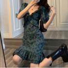 Short-sleeve Flower Print Ruffle Hem A-line Dress